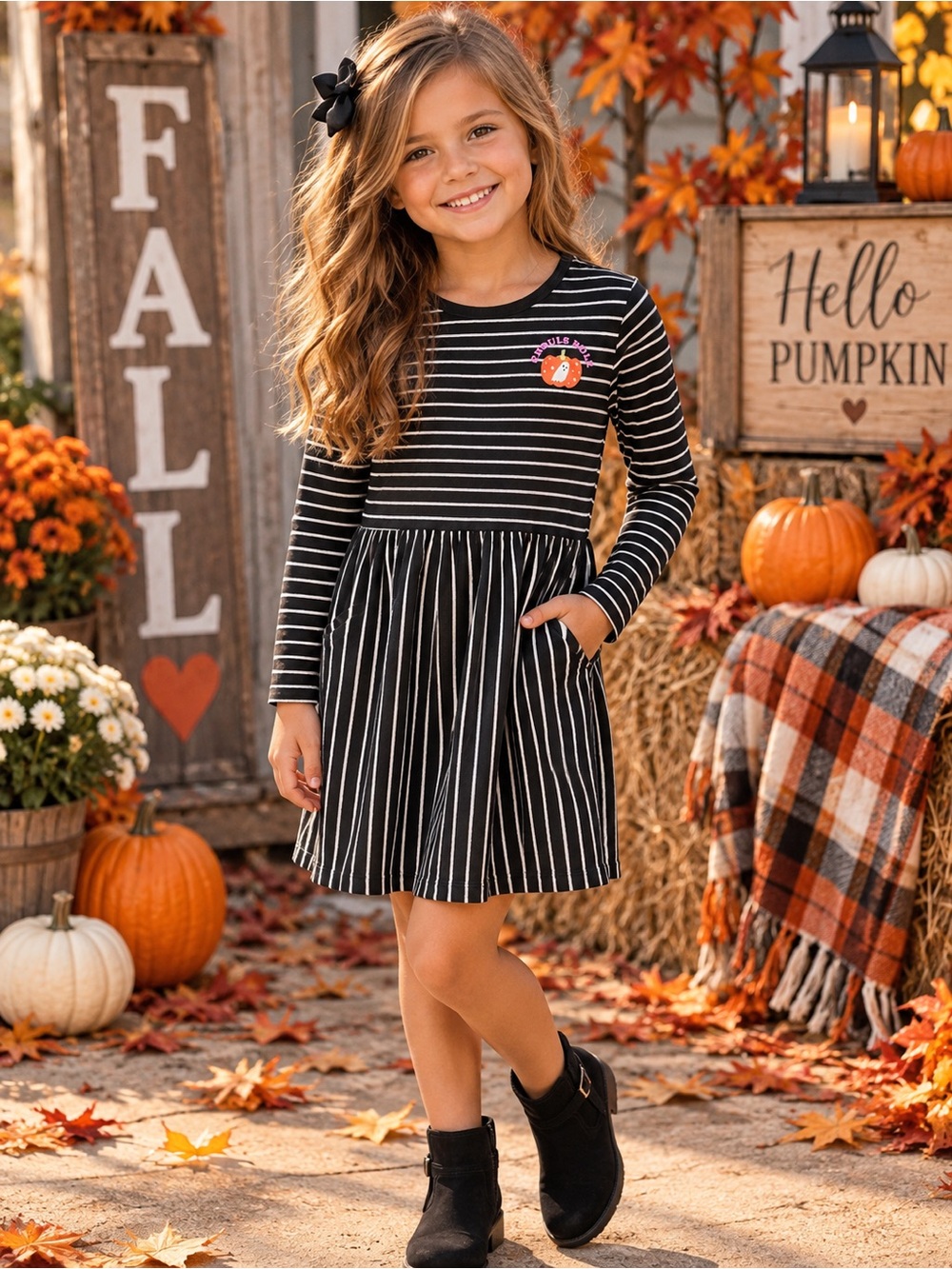 Black & White Striped Long-Sleeve Dress with Pumpkin Patch Size 10/12